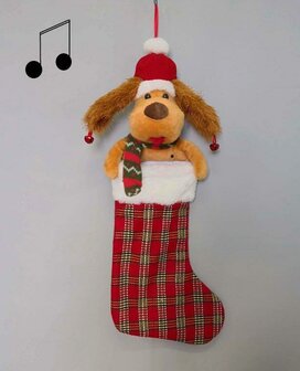 Muzikale hond in kerstsok bewegende oren liedje merry christmas 60 cm x 18 cm Rood bruin | YID-80538 | La Galleria