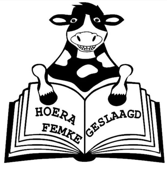 Sticker raam geslaagd koe met boek met naam Rosami