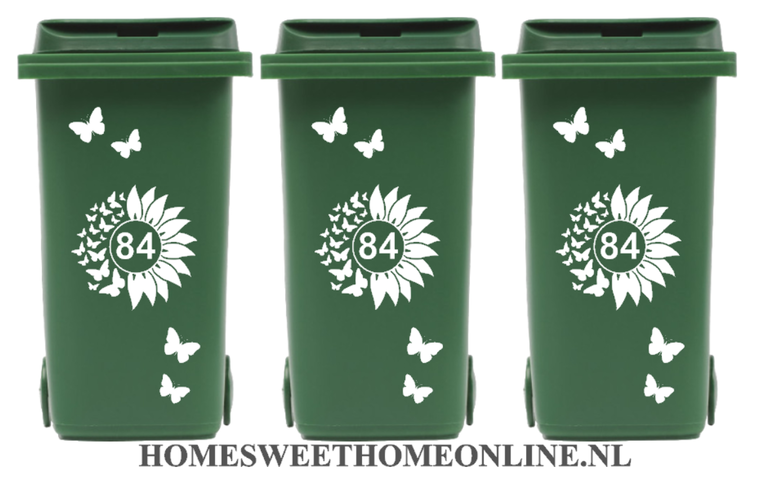 Voordeelset Container Sticker zonnebloem / vlinders met huisnummer 15 delig | Kliko | Rosami 2