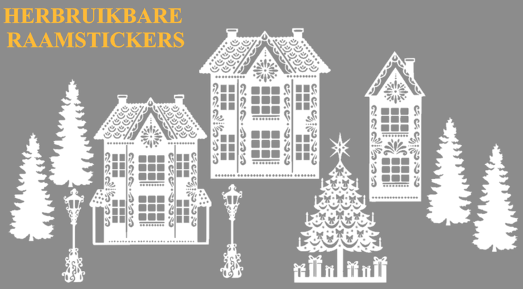 10 delige Raamsticker set herbruikbaar huisjes - kerstboom - lantaarnpaal | Rosami Decoratiestickers wit 