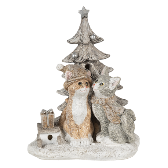 Decoratie katten bij kerstboom 12*10*16 cm LED Grijs | 6PR4632 | Clayre &amp; Eef