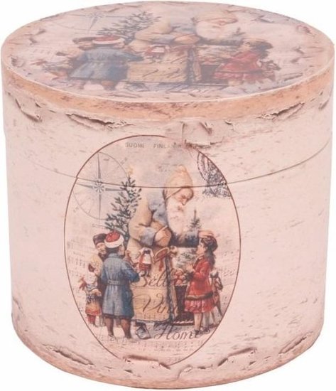 Opbergbox doos rond &Oslash;20 cm Kerstman met kinderen mdf PU leer | 10518811 | Dutch Style