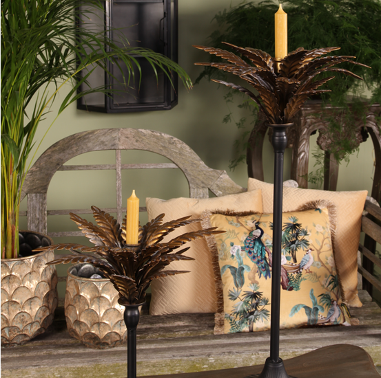 Kandelaar kaarsenhouder palmboom 33 cm x 18 cm zwart goud ijzer | 11344404 | Dutch Style