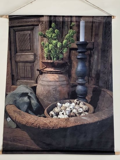 Wandkaart nostalgie op stof kruik kaars in een kom 70 x 80 cm met ophangtouw Wanddoek wandkleed | 65579 | Home Sweet Home