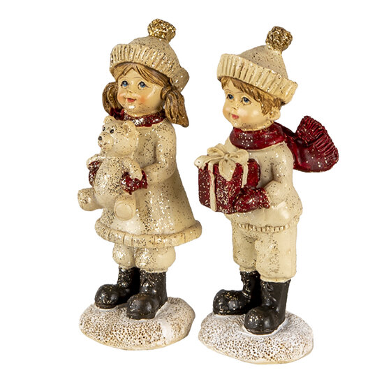 Clayre &amp; Eef | Kerstdecoratie Beeld set van 2 Kinderen Beige, Rood 4x4x11 cm | 6PR3505