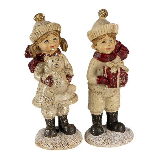 Clayre & Eef | Kerstdecoratie Beeld set van 2 Kinderen Beige, Rood 4x4x11 cm | 6PR3505