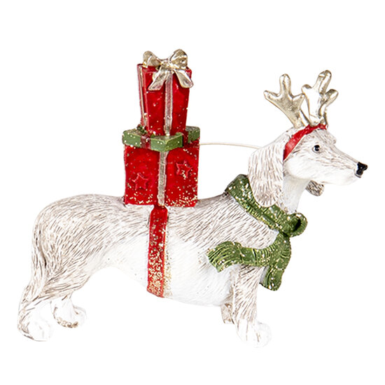 Clayre &amp; Eef | Kerstdecoratie Beeld Hond Rood, Wit 9x3x8 cm | 6PR4603