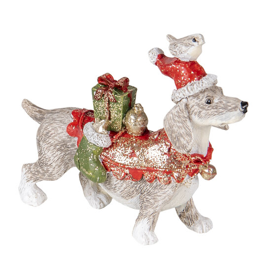 Clayre &amp; Eef | Kerstdecoratie Beeld Hond Wit, Rood 10x3x8 cm | 6PR4604