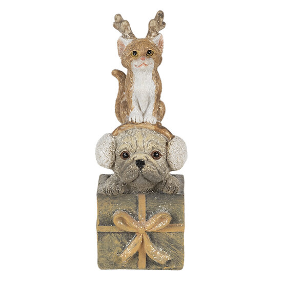 Clayre &amp; Eef | Kerstdecoratie Beeld Kat en Hond Bruin, Wit 5x5x13 cm | 6PR4642