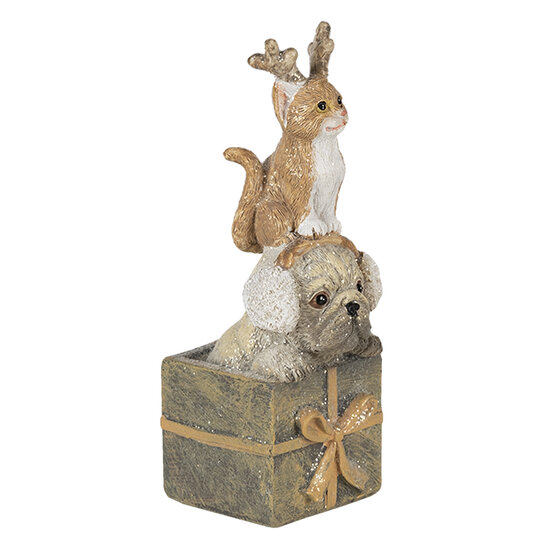 Clayre &amp; Eef | Kerstdecoratie Beeld Kat en Hond Bruin, Wit 5x5x13 cm | 6PR4642