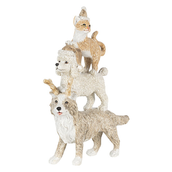 Clayre &amp; Eef | Kerstdecoratie Beeld Honden en kat Grijs, Beige, Wit 12x4x17 cm | 6PR4647
