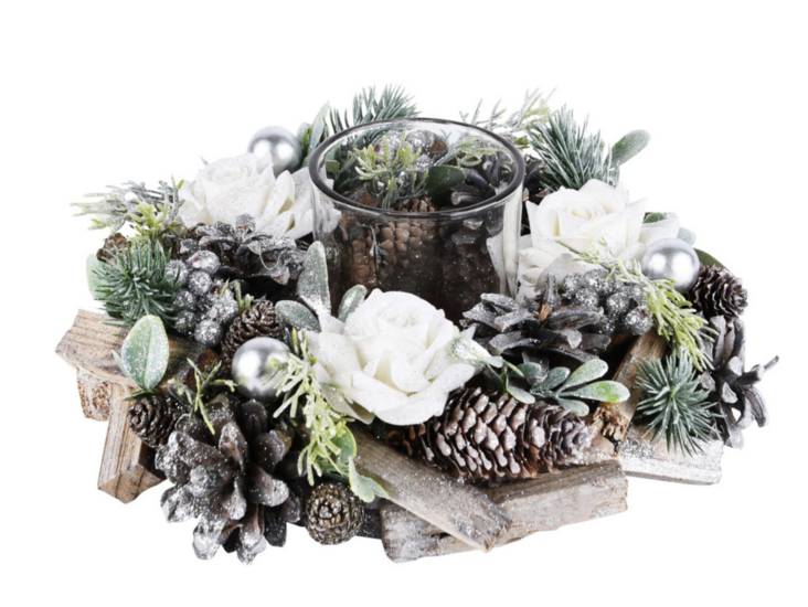 Kerststuk tafelstukje rond groen witte rozen 1 theelichthouder decoratie dennenappels 24 cm | A225206 | Dekoratief