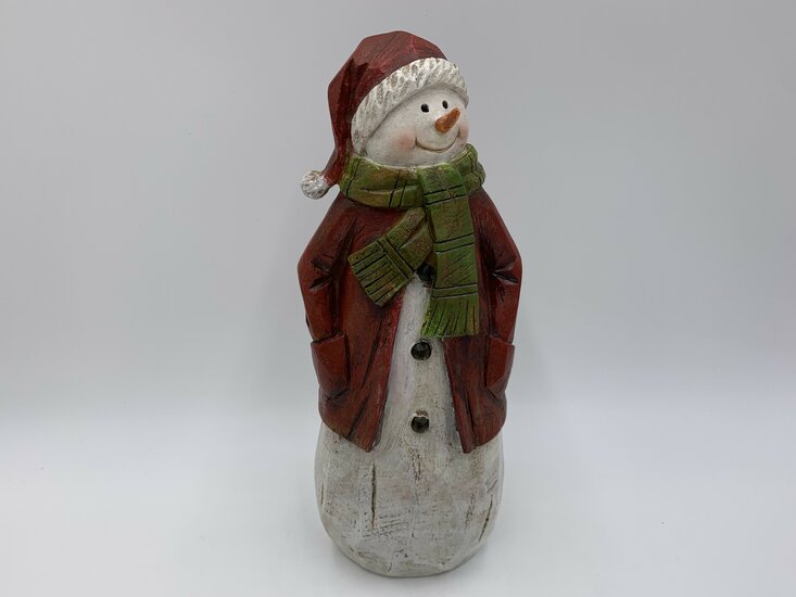 Sneeuwpop hout rood wit groen decoratie beeld 30 cm sjaal | US1160130B | Home Sweet Home