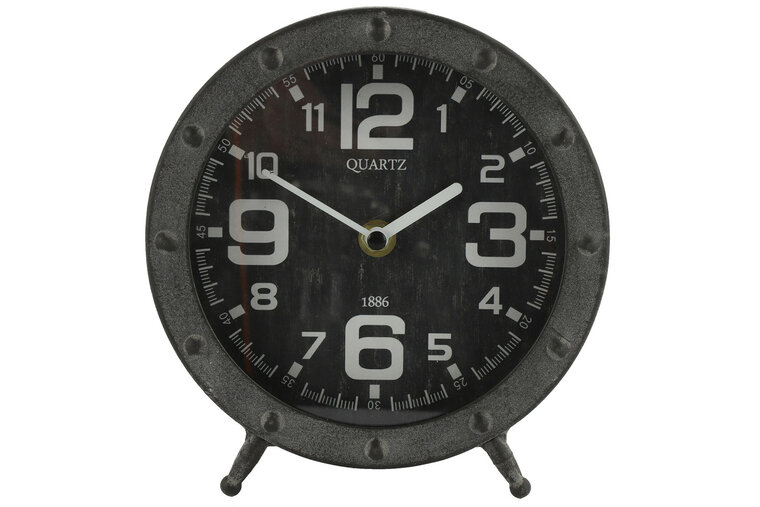 Industri&euml;le tafelklok Mart rond 1x AA grijs pootjes 17 cm metaal | 774284 | Countryfield