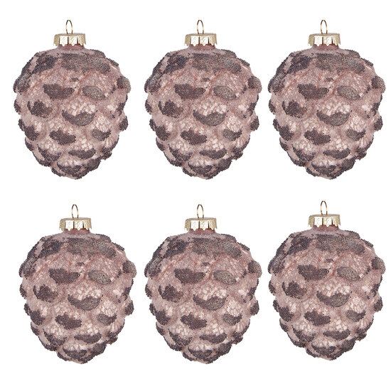 Clayre &amp; Eef | Kerstballen set van 6 Dennenappel Roze &oslash; 8x10 cm | 6GL4121