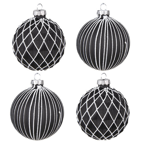 Clayre &amp; Eef | Kerstballen set van 4 Zwart Wit &oslash; 8x8 cm | 6GL4133