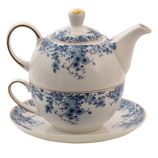 Clayre & Eef | Tea for One Wit, Blauw 16x15x15 cm / 400 ml / 250 ml | BFLTEFO