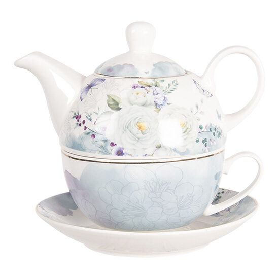 Clayre & Eef | Tea for One Wit Blauw 16x15x14 cm / 460 ml | BUTTEFO