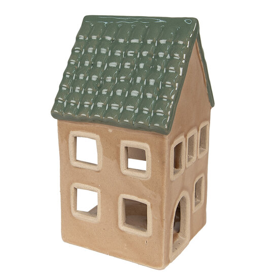 Clayre &amp; Eef | Theelichthouder Kerst Huisje Bruin, Groen 8x8x15 cm | 6CE1600