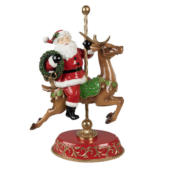 Clayre &amp; Eef | Kerstdecoratie Beeld Kerstman op Rendier Rood, Bruin 29x14x46 cm | 6PR3923