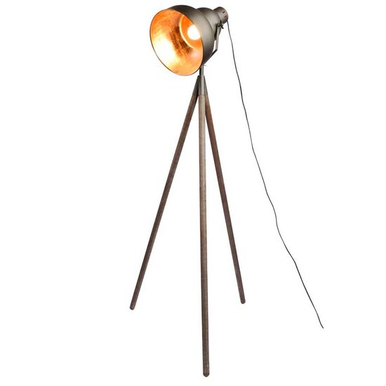 Dekoratief | Staande lamp metaal/koper op 3-voet hout, 186cm | A175477