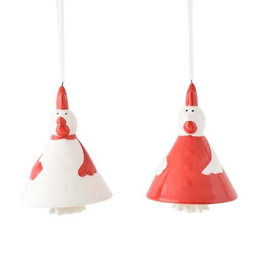 Dekoratief | Hanger kippenklokje dolomiet, rood/wit, 7x7x9cm, set van 2 stuks | A180261