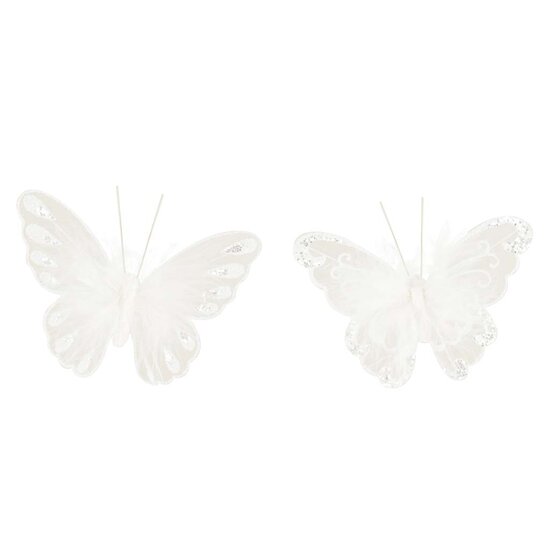 Dekoratief | Clip m/vlinder, wit, 16cm, set van 2 stuks | A190576