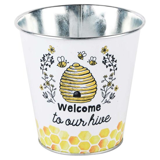 Dekoratief | Bloempot blik &#039;Welcome to our bee hive&#039;, 13x13x10cm | A210676