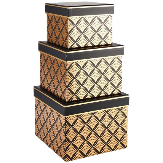 Dekoratief | Set 3 dozen vierkant &#039;Golden Lotus&#039;, zwart/goud, 19x19x14cm | A215673