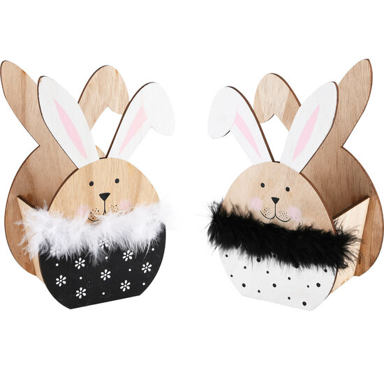 Dekoratief | Bakje bunny, naturel/zwart/wit, hout, 13x10x23cm, set van 2 stuks | A220025