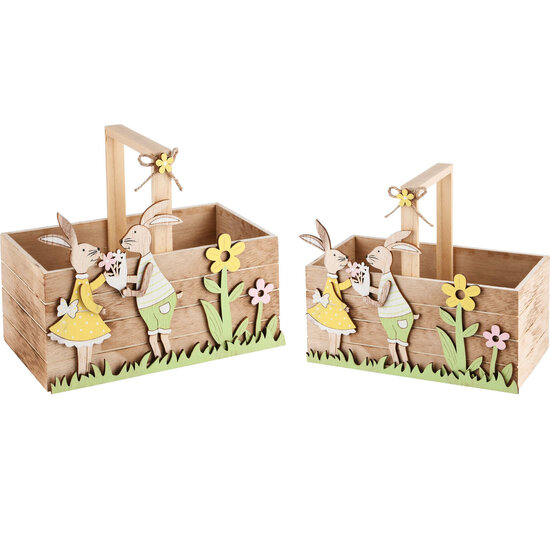 Dekoratief | Set 2 bakjes m/bunnies, naturel/geel/groen, hout, 20x10x17cm | A220032