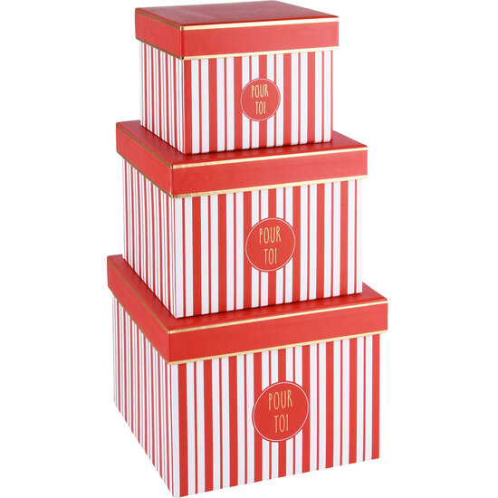 Dekoratief | Set 3 dozen vierkant &#039;Pour Toi&#039;, rood/wit, 19x19x14cm | A220065