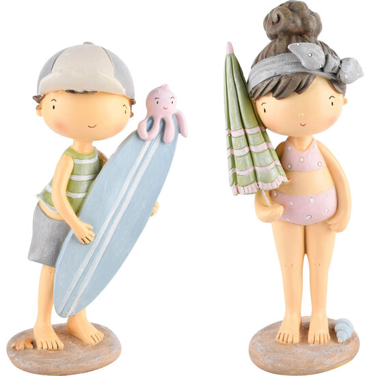 Dekoratief | Deco meisje/jongen m/surfplank/parasol, resina, 9x7x18cm, set van 2 stuks | A220084