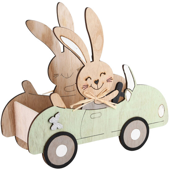 Dekoratief | Bakje bunny in auto, groen/naturel, hout, 30x11x27cm | A220183