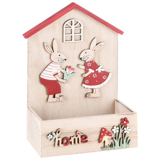 Dekoratief | Bakje huis m/bunnies, naturel/rood, hout, 16x8x22cm | A220197