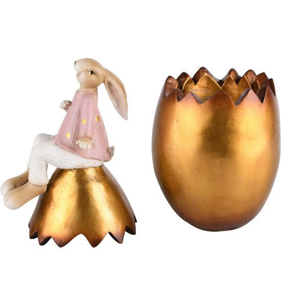 Dekoratief | Bonbonni?re bunny op ei, goud/roze, resina, 10x10x24cm | A220319