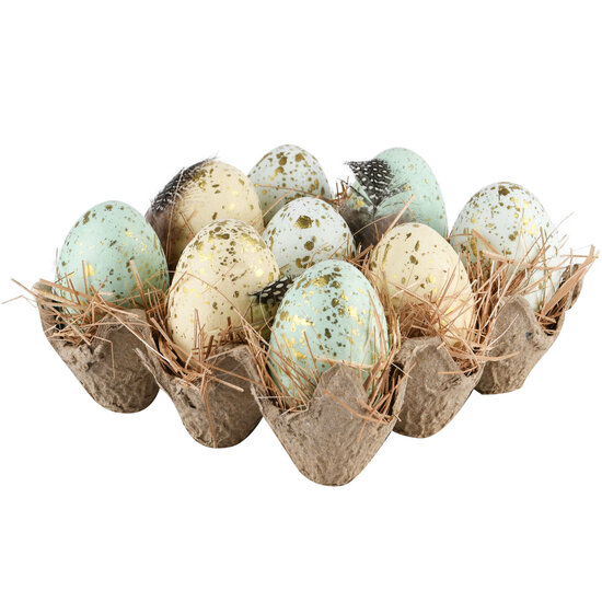Dekoratief | Eierdoos m/deco eieren, blauw/geel/goud, 15x15x11cm | A220378
