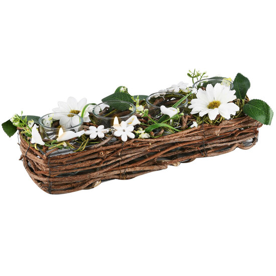 Dekoratief | Tafelstukje lang m/witte bloemen, naturel, 32x13x9cm | A220469