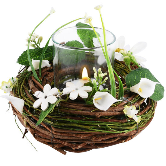 Dekoratief | Tafelstukje rond m/witte bloemen, naturel, 15x15x9cm | A220471