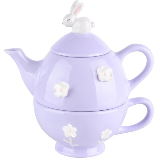 Dekoratief | Tea for one m/bunny, paars/wit, keramiek, 18x12x13cm | A220769