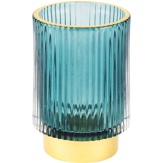 Dekoratief | Theelichtglas geribbeld op voet, blauw/goud, 9x9x13cm | A225033