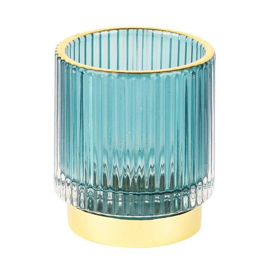 Dekoratief | Theelichtglas geribbeld op voet, blauw/goud, 7x7x8cm | A225034