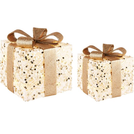 Dekoratief | Set 2 cadeautjes, goud/wit, rotan, LED, 15x15x20cm | A225047