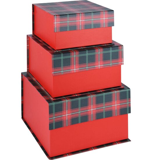 Dekoratief | Set 3 dozen geruit, VK, rood/zwart, karton, 23x23x14cm | A225137