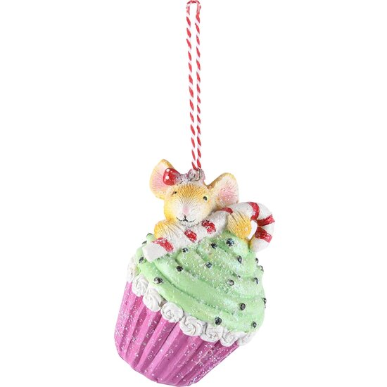 Dekoratief | Hanger cupcake m/muis, roze/geel, resina, 7x7x10cm | A225547