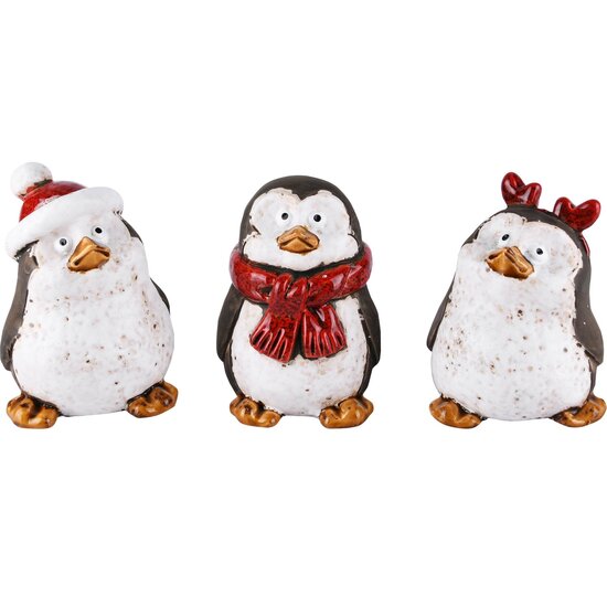 Dekoratief | Pinguin wit/zwart/rood, keramiek, 8x11x11cm, set van 3 stuks | A225624