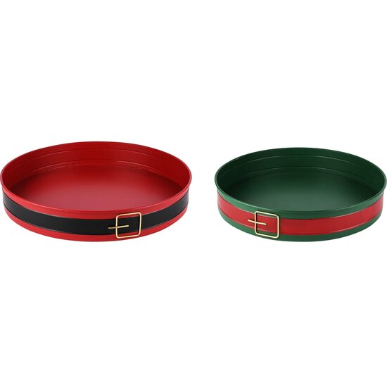 Dekoratief | Set 2 dienbladen &#039;Santa Belt&#039;, groen/rood, metaal, 33x33x5cm | A225734