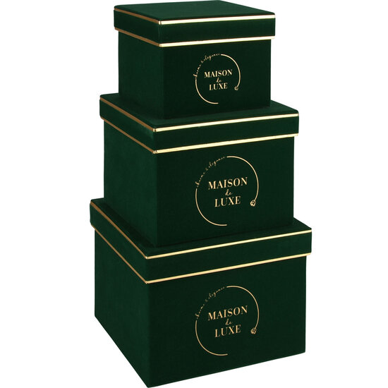 Dekoratief | Set 3 dozen vierkant, &#039;Maison De Luxe&#039;, groen, 18x18x14cm | A225889
