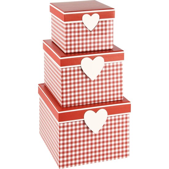 Dekoratief | Set 3 dozen vierkant m/hart, rood/wit geruit, 19x19x14cm | A225896