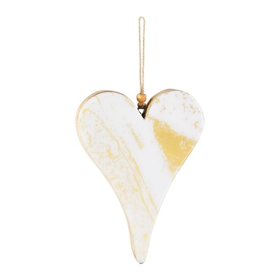 Dekoratief | Hanger hart &#039;Marbled&#039;, wit/goud, hout, 17x12x2cm | A228087